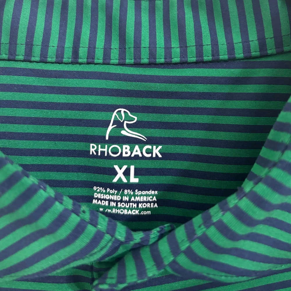 Rhoback polo - hardly worn; green and navy strip